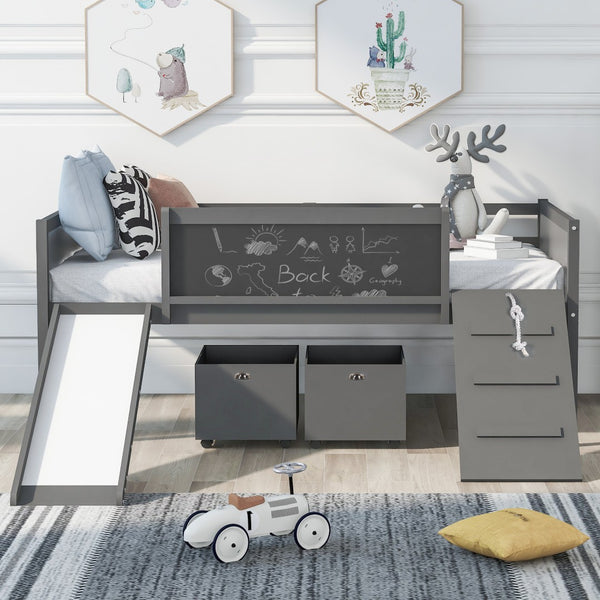 HomeRoots Gray Twin Loft Bed with Slide - Durable Solid Wood Design for Fun, Playful & Space-Saving Bedrooms 607021