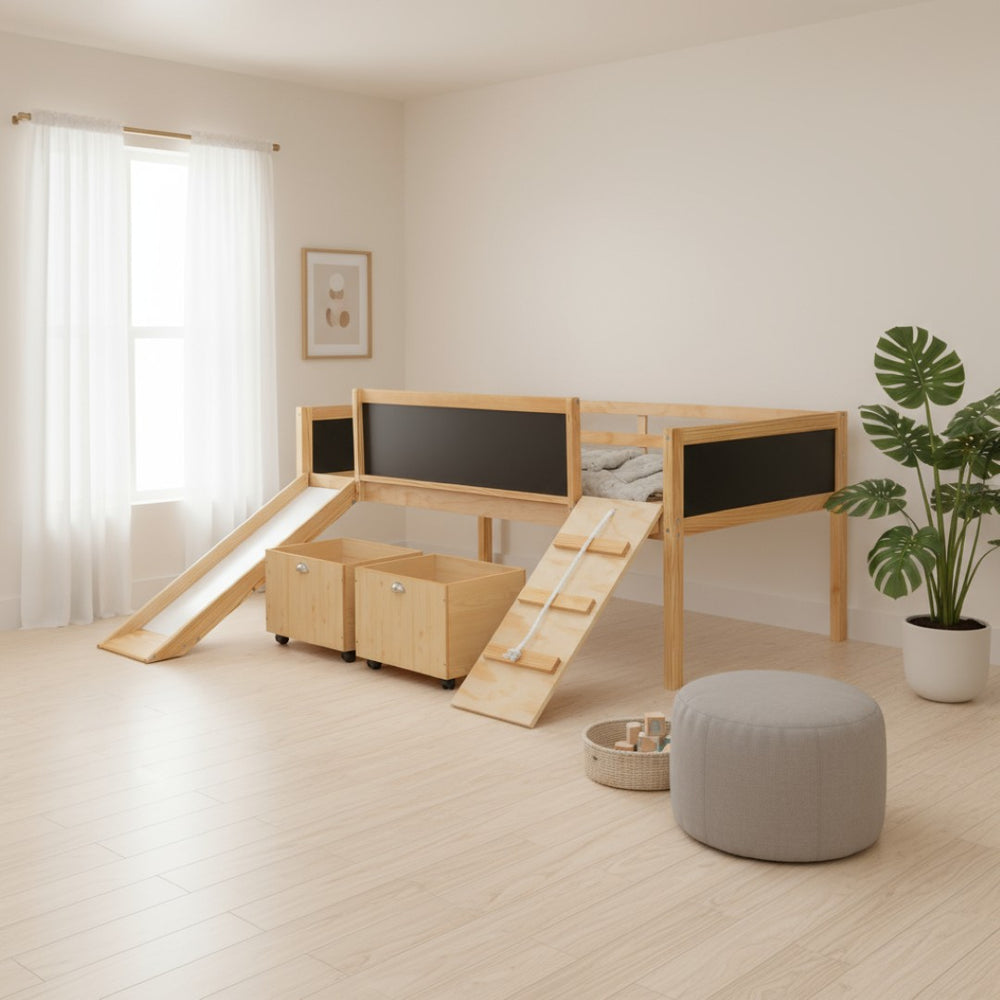 HomeRoots Natural Solid Wood Twin Loft Bed with Slide - Space-Saving Design for Kids' Rooms & Playful Fun! 607023