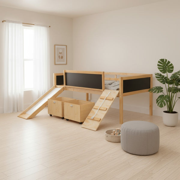 HomeRoots Natural Solid Wood Twin Loft Bed with Slide - Space-Saving Design for Kids' Rooms & Playful Fun! 607023