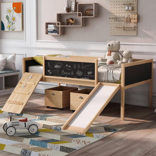 HomeRoots Natural Solid Wood Twin Loft Bed with Slide - Space-Saving Design for Kids' Rooms & Playful Fun! 607023