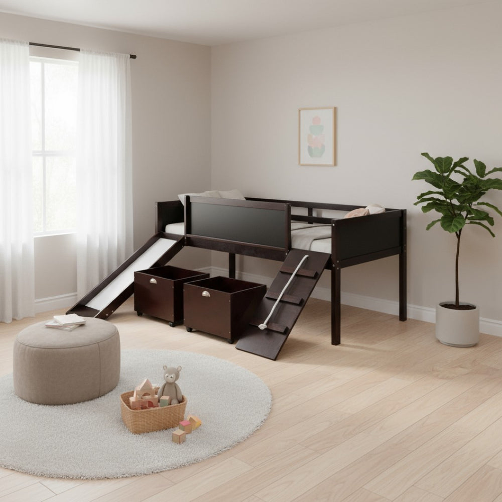 HomeRoots Espresso Solid Wood Twin Loft Bed with Fun Slide - Maximize Space & Style for Kids' Rooms! 607024