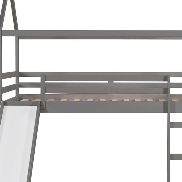 HomeRoots Gray Canopy Solid Wood Twin Loft Bed with Slide – Stylish, Space-Saving Design for Kids' Rooms! 607025
