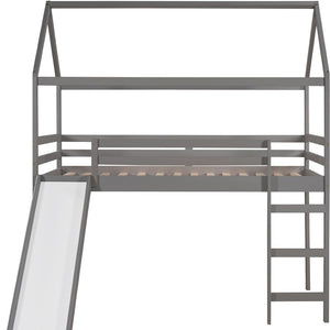 HomeRoots Gray Canopy Solid Wood Twin Loft Bed with Slide – Stylish, Space-Saving Design for Kids' Rooms! 607025