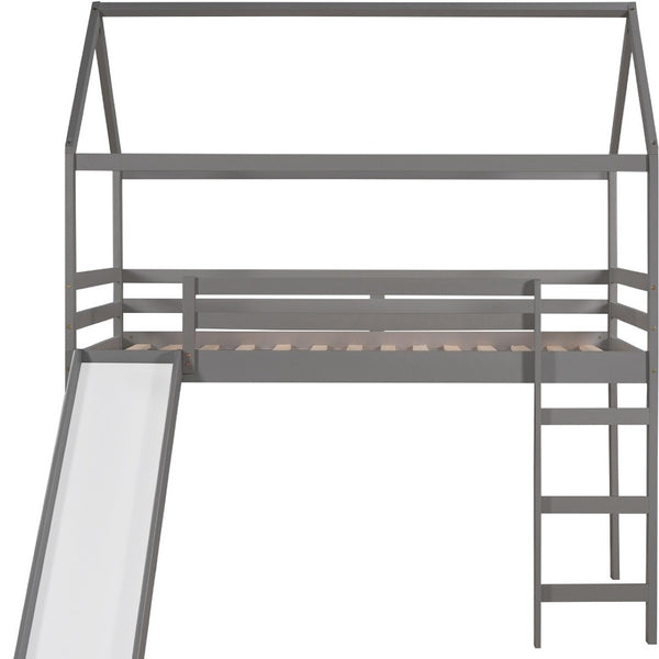 HomeRoots Gray Canopy Solid Wood Twin Loft Bed with Slide – Stylish, Space-Saving Design for Kids' Rooms! 607025