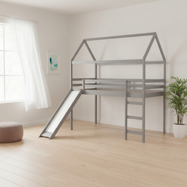HomeRoots Gray Canopy Solid Wood Twin Loft Bed with Slide – Stylish, Space-Saving Design for Kids' Rooms! 607025