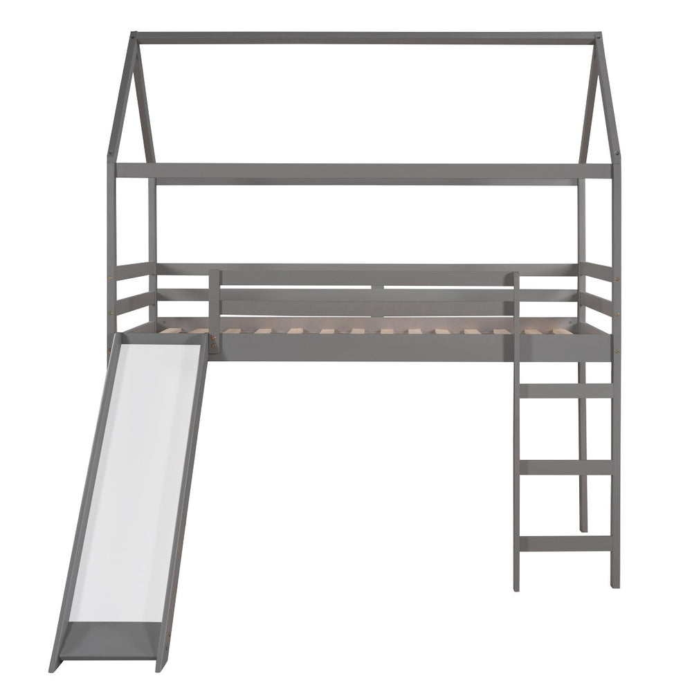HomeRoots Gray Canopy Solid Wood Twin Loft Bed with Slide – Stylish, Space-Saving Design for Kids' Rooms! 607025