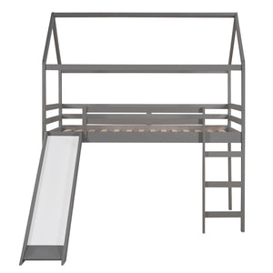 HomeRoots Gray Canopy Solid Wood Twin Loft Bed with Slide – Stylish, Space-Saving Design for Kids' Rooms! 607025
