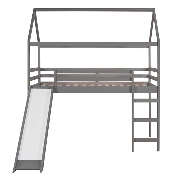 HomeRoots Gray Canopy Solid Wood Twin Loft Bed with Slide – Stylish, Space-Saving Design for Kids' Rooms! 607025