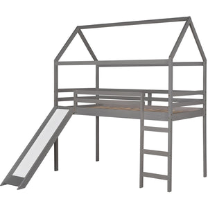 HomeRoots Gray Canopy Solid Wood Twin Loft Bed with Slide – Stylish, Space-Saving Design for Kids' Rooms! 607025