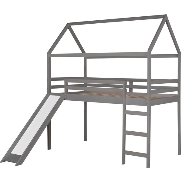 HomeRoots Gray Canopy Solid Wood Twin Loft Bed with Slide – Stylish, Space-Saving Design for Kids' Rooms! 607025