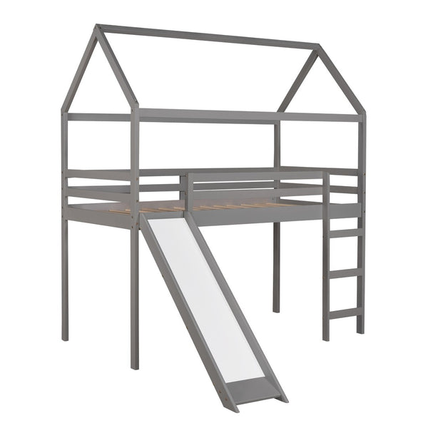 HomeRoots Gray Canopy Solid Wood Twin Loft Bed with Slide – Stylish, Space-Saving Design for Kids' Rooms! 607025