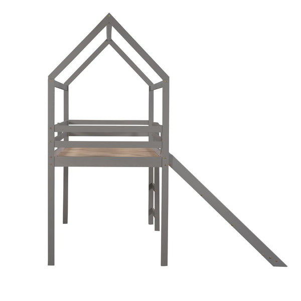 HomeRoots Gray Canopy Solid Wood Twin Loft Bed with Slide – Stylish, Space-Saving Design for Kids' Rooms! 607025