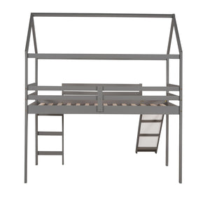 HomeRoots Gray Canopy Solid Wood Twin Loft Bed with Slide – Stylish, Space-Saving Design for Kids' Rooms! 607025