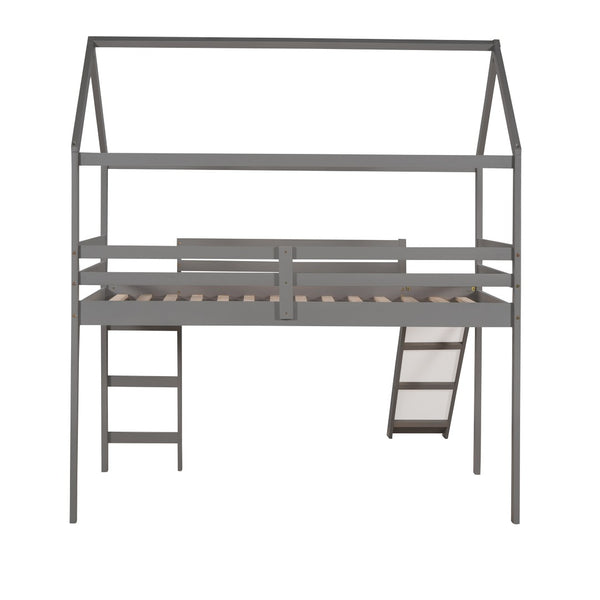HomeRoots Gray Canopy Solid Wood Twin Loft Bed with Slide – Stylish, Space-Saving Design for Kids' Rooms! 607025
