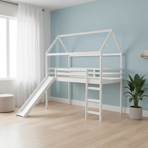 HomeRoots White Canopy Twin Loft Bed with Slide - Durable Solid Wood Design for Fun, Study, and Play Space 607026