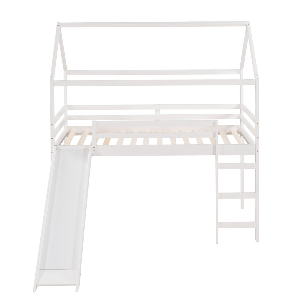 HomeRoots White Canopy Twin Loft Bed with Slide - Durable Solid Wood Design for Fun, Study, and Play Space 607026