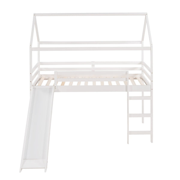 HomeRoots White Canopy Twin Loft Bed with Slide - Durable Solid Wood Design for Fun, Study, and Play Space 607026