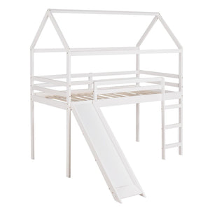 HomeRoots White Canopy Twin Loft Bed with Slide - Durable Solid Wood Design for Fun, Study, and Play Space 607026