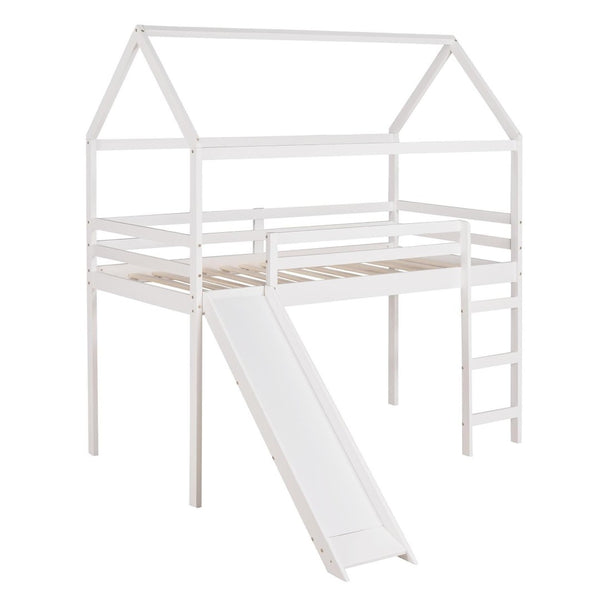 HomeRoots White Canopy Twin Loft Bed with Slide - Durable Solid Wood Design for Fun, Study, and Play Space 607026