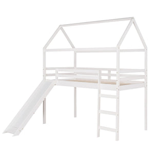 HomeRoots White Canopy Twin Loft Bed with Slide - Durable Solid Wood Design for Fun, Study, and Play Space 607026