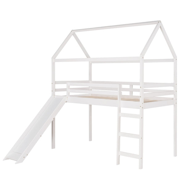 HomeRoots White Canopy Twin Loft Bed with Slide - Durable Solid Wood Design for Fun, Study, and Play Space 607026