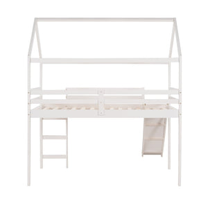 HomeRoots White Canopy Twin Loft Bed with Slide - Durable Solid Wood Design for Fun, Study, and Play Space 607026
