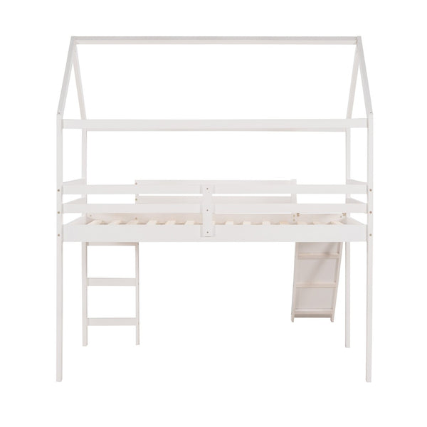 HomeRoots White Canopy Twin Loft Bed with Slide - Durable Solid Wood Design for Fun, Study, and Play Space 607026