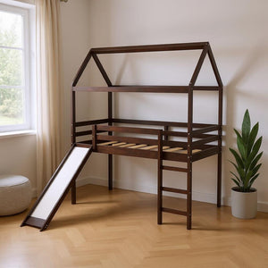 HomeRoots Espresso Canopy Solid Wood Twin Loft Bed with Fun Slide - Stylish Space-Saving Solution for Kids! 607027
