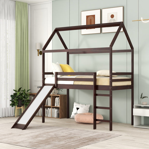 HomeRoots Espresso Canopy Solid Wood Twin Loft Bed with Fun Slide - Stylish Space-Saving Solution for Kids! 607027