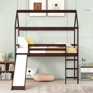 HomeRoots Espresso Canopy Solid Wood Twin Loft Bed with Fun Slide - Stylish Space-Saving Solution for Kids! 607027
