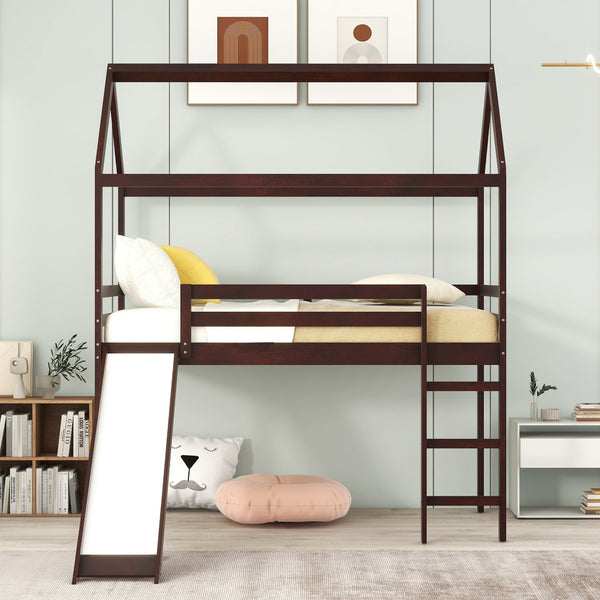 HomeRoots Espresso Canopy Solid Wood Twin Loft Bed with Fun Slide - Stylish Space-Saving Solution for Kids! 607027