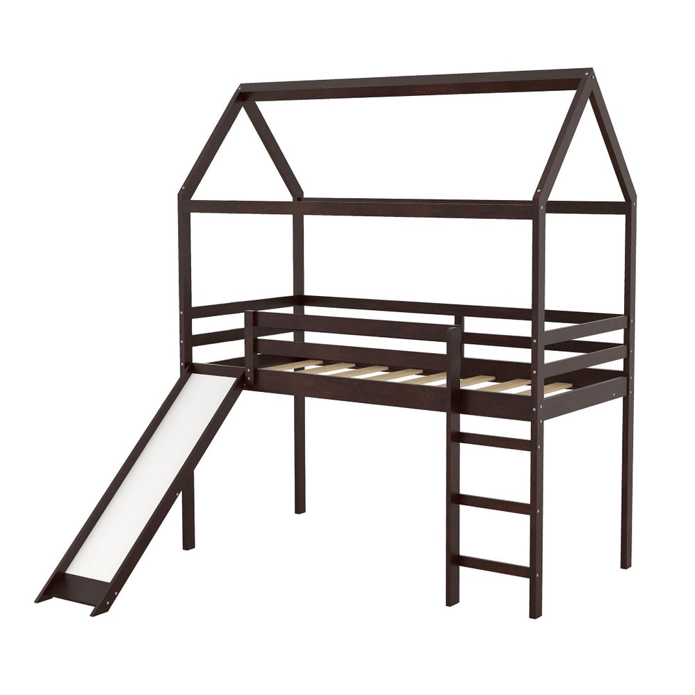 HomeRoots Espresso Canopy Solid Wood Twin Loft Bed with Fun Slide - Stylish Space-Saving Solution for Kids! 607027