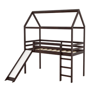 HomeRoots Espresso Canopy Solid Wood Twin Loft Bed with Fun Slide - Stylish Space-Saving Solution for Kids! 607027