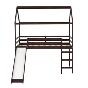 HomeRoots Espresso Canopy Solid Wood Twin Loft Bed with Fun Slide - Stylish Space-Saving Solution for Kids! 607027