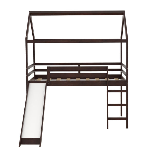 HomeRoots Espresso Canopy Solid Wood Twin Loft Bed with Fun Slide - Stylish Space-Saving Solution for Kids! 607027