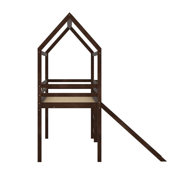 HomeRoots Espresso Canopy Solid Wood Twin Loft Bed with Fun Slide - Stylish Space-Saving Solution for Kids! 607027