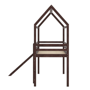 HomeRoots Espresso Canopy Solid Wood Twin Loft Bed with Fun Slide - Stylish Space-Saving Solution for Kids! 607027
