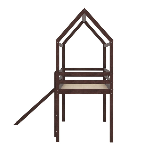 HomeRoots Espresso Canopy Solid Wood Twin Loft Bed with Fun Slide - Stylish Space-Saving Solution for Kids! 607027