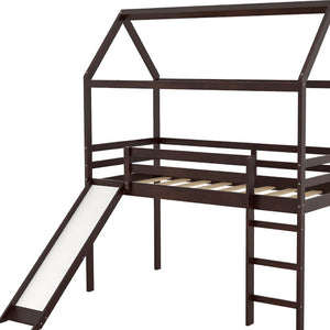 HomeRoots Espresso Canopy Solid Wood Twin Loft Bed with Fun Slide - Stylish Space-Saving Solution for Kids! 607027