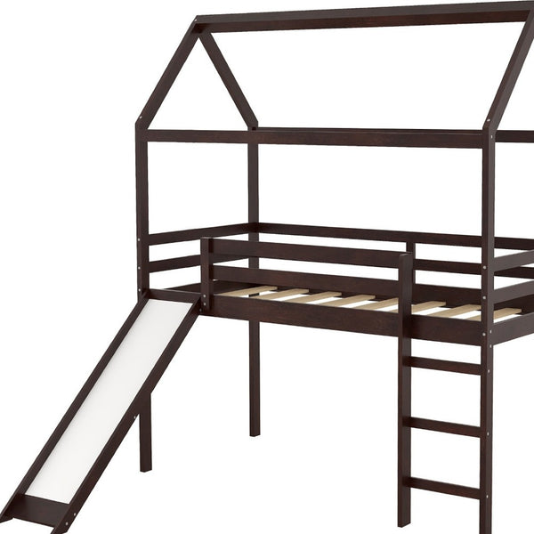 HomeRoots Espresso Canopy Solid Wood Twin Loft Bed with Fun Slide - Stylish Space-Saving Solution for Kids! 607027