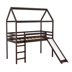 HomeRoots Espresso Canopy Solid Wood Twin Loft Bed with Fun Slide - Stylish Space-Saving Solution for Kids! 607027