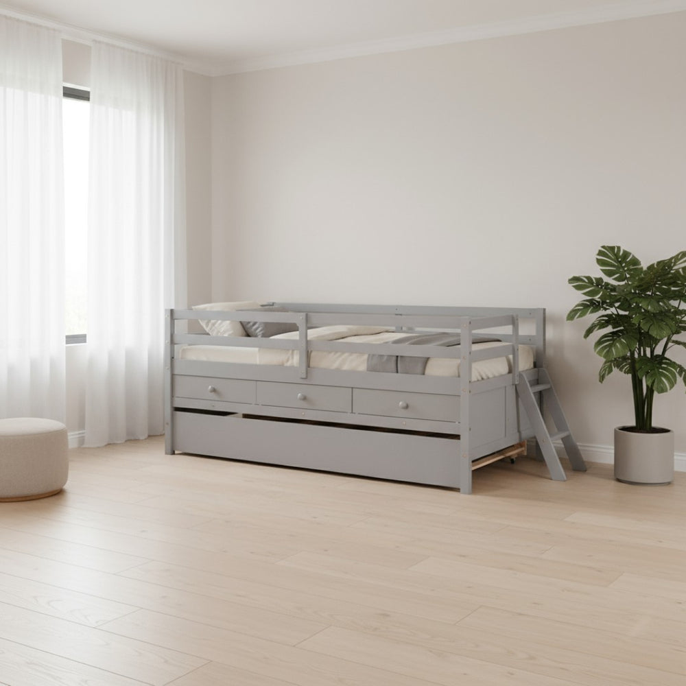 HomeRoots Gray Solid Wood Twin Loft Bed with Slide - Space-Saving Design for Kids' Rooms & Fun Decor Style 607028