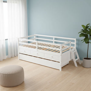 HomeRoots White Solid Wood Twin Loft Bed with Slide, Trundle, and Safety Features for Fun Kids' Room Playtime 607029