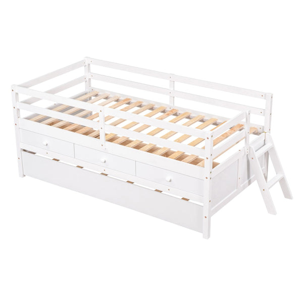 HomeRoots White Solid Wood Twin Loft Bed with Slide, Trundle, and Safety Features for Fun Kids' Room Playtime 607029