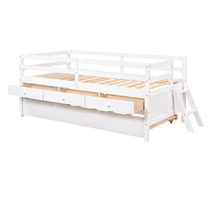 HomeRoots White Solid Wood Twin Loft Bed with Slide, Trundle, and Safety Features for Fun Kids' Room Playtime 607029