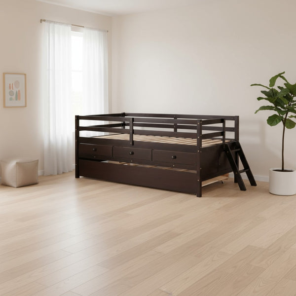HomeRoots Espresso Solid Wood Twin Loft Bed with Fun Slide, Trundle & Storage Drawers for Kids' Rooms 607030