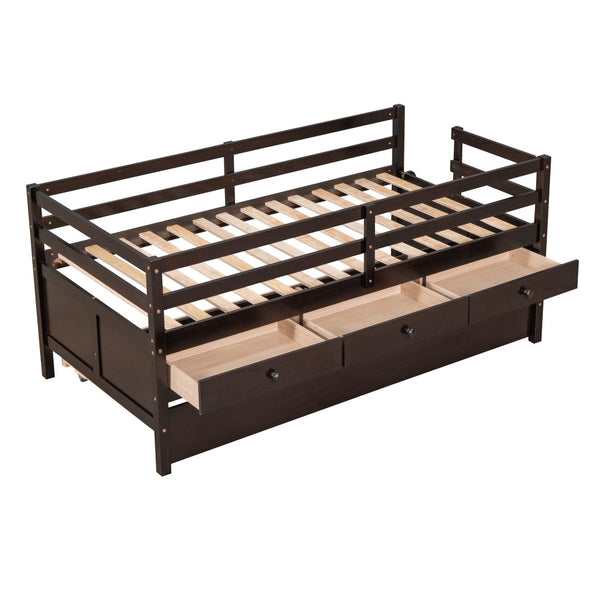 HomeRoots Espresso Solid Wood Twin Loft Bed with Fun Slide, Trundle & Storage Drawers for Kids' Rooms 607030