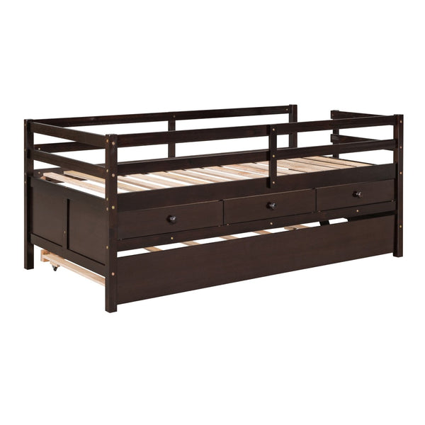 HomeRoots Espresso Solid Wood Twin Loft Bed with Fun Slide, Trundle & Storage Drawers for Kids' Rooms 607030