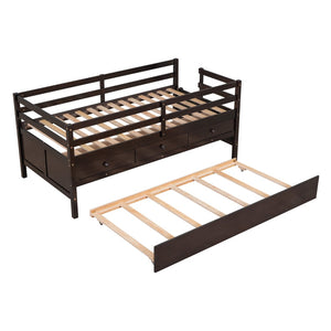 HomeRoots Espresso Solid Wood Twin Loft Bed with Fun Slide, Trundle & Storage Drawers for Kids' Rooms 607030