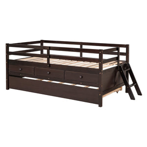 HomeRoots Espresso Solid Wood Twin Loft Bed with Fun Slide, Trundle & Storage Drawers for Kids' Rooms 607030
